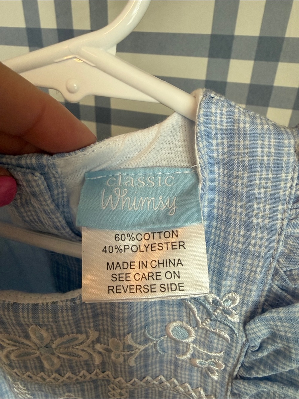Light Blue Checked Embroidered Ruffle-Sleeve Kids Dress - 5 - Picture 3 of 8